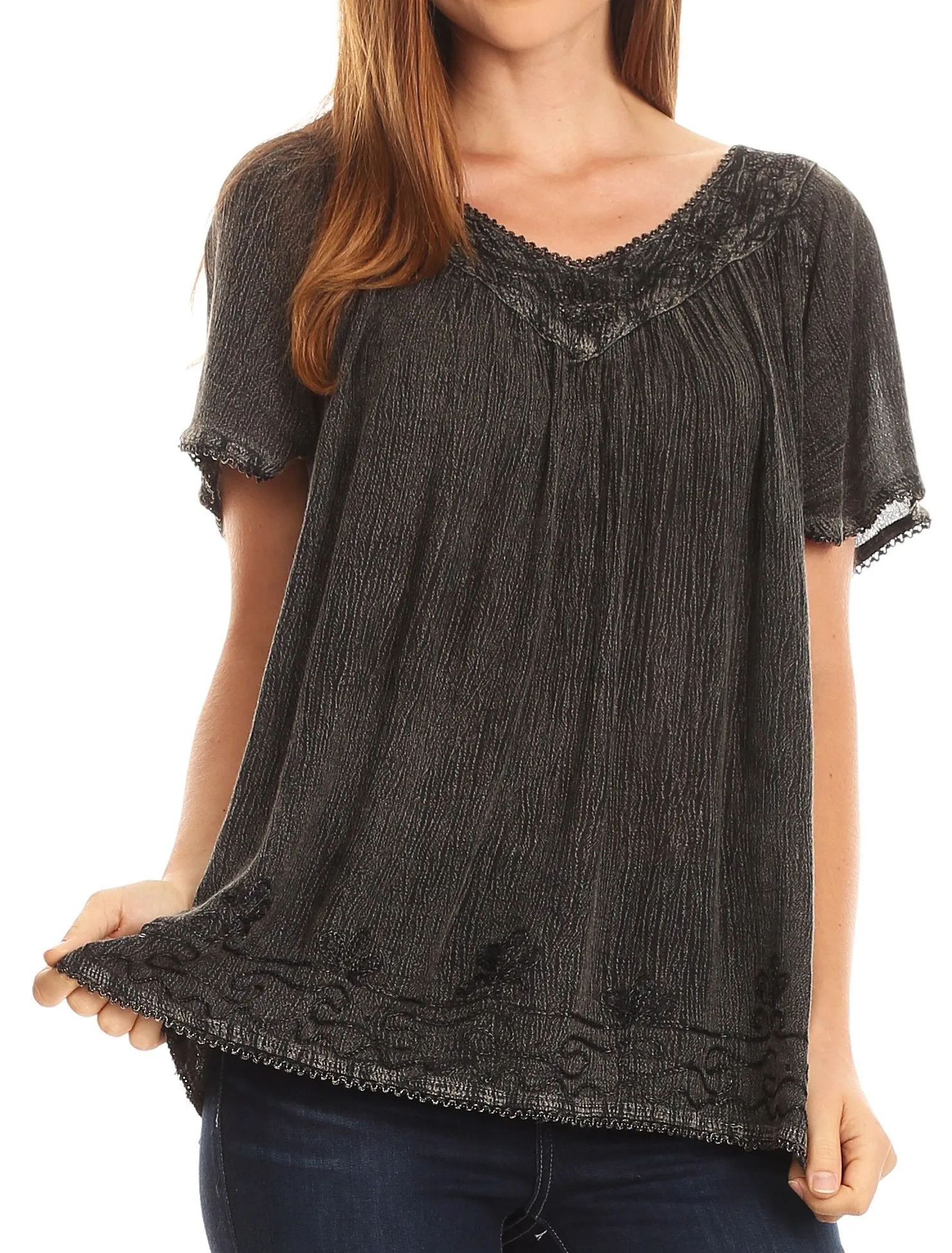 Sakkas Emma Crinkle V-neck Short Sleeve Top Blouse with Embroidery and Sequin