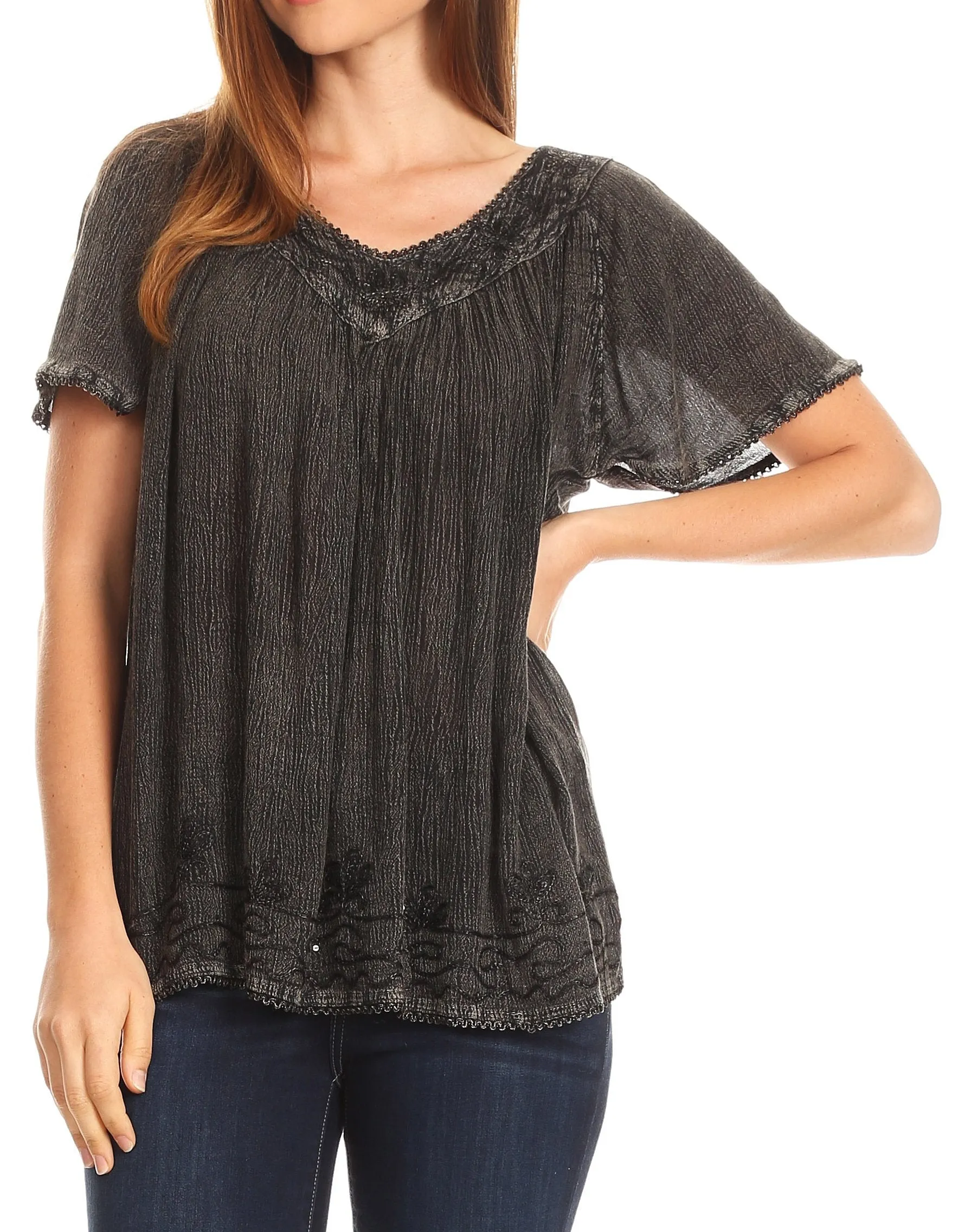 Sakkas Emma Crinkle V-neck Short Sleeve Top Blouse with Embroidery and Sequin