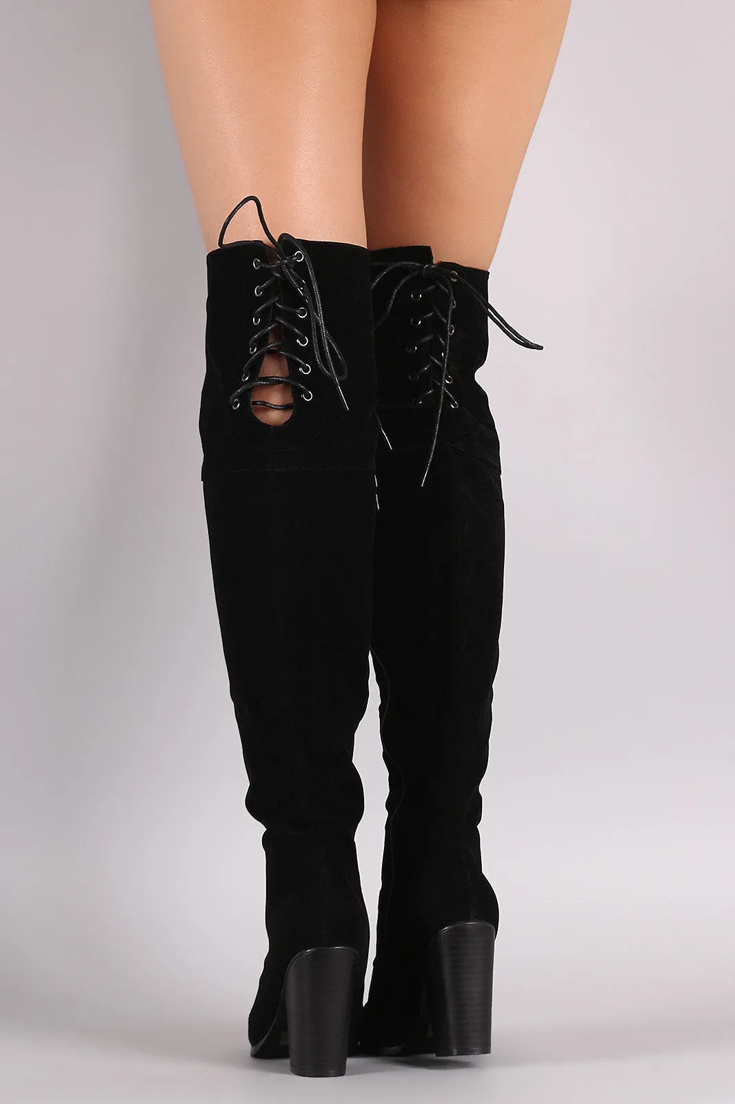 Suede Back Lace-Up Chunky Heeled Over-The-Knee Boots