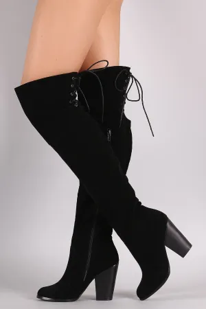 Suede Back Lace-Up Chunky Heeled Over-The-Knee Boots