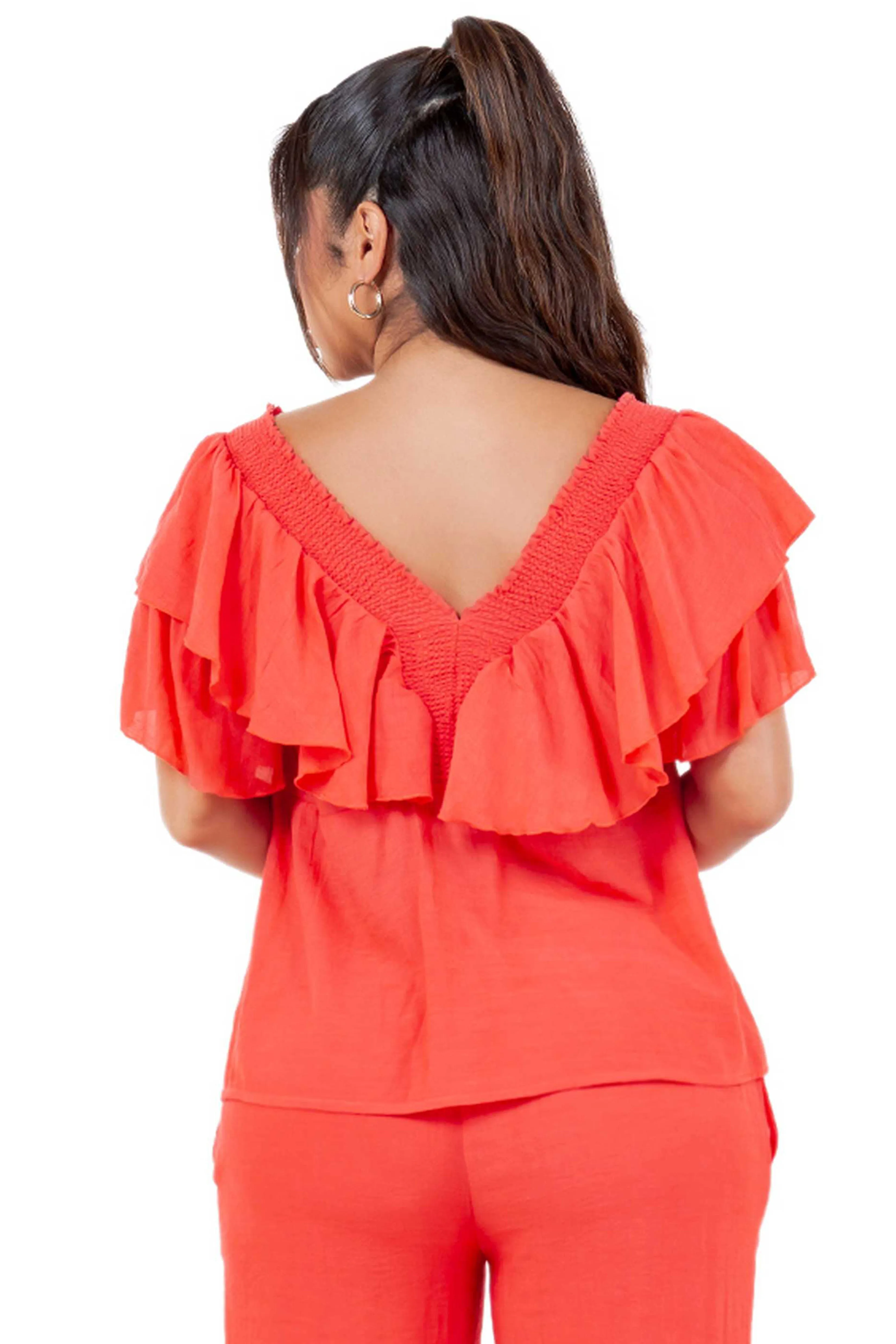 Women's Casual Resort Wear V Shaped Neckline Ruffled Top