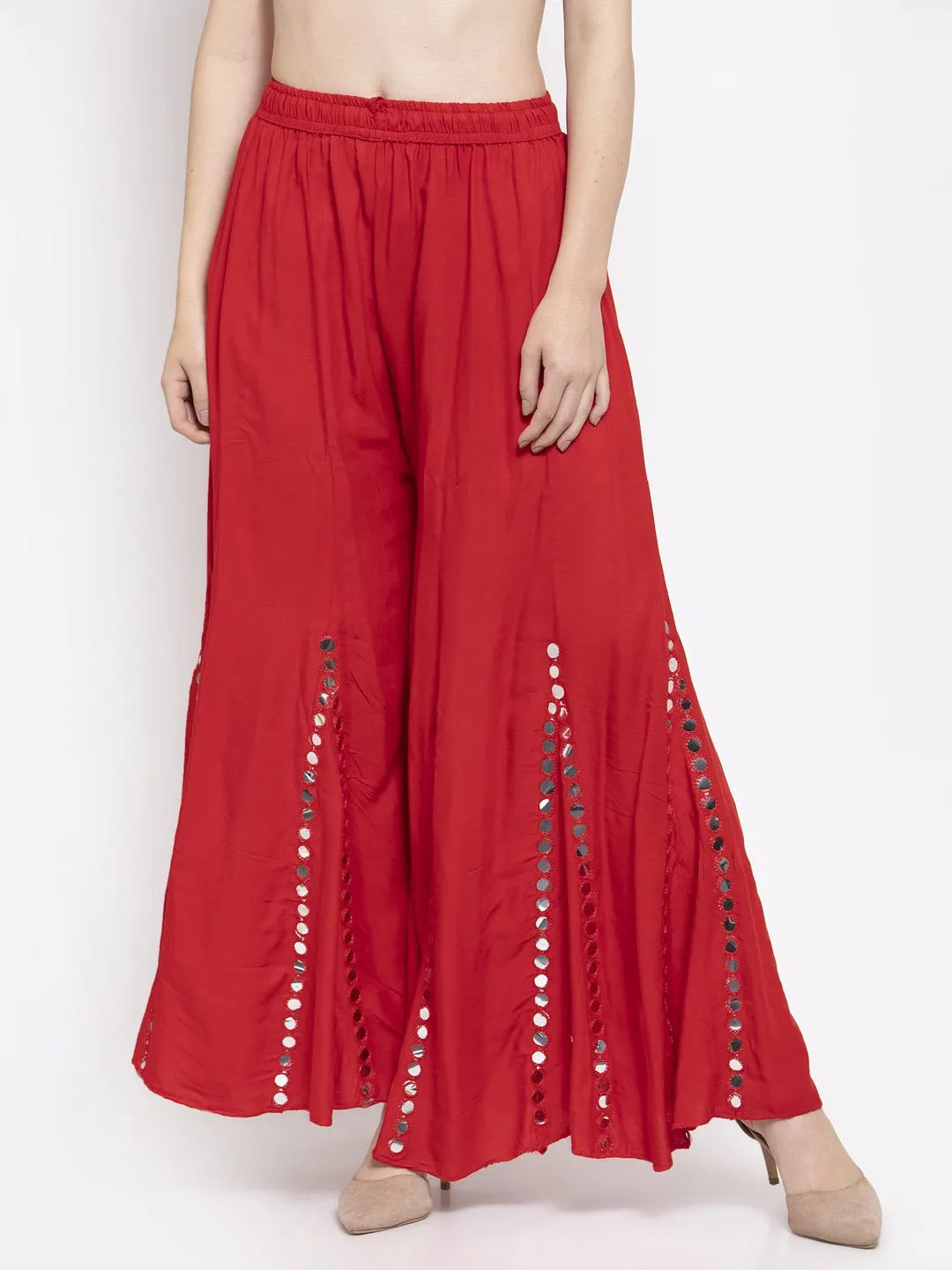 Women'S Red Flared Embellished Sharara